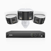 FDH600 - 6MP 8 Kanal PoE Panorama Überwachungskamera-Set mit 1 Bullet Kameras & 2 Turm Kameras, zwei Objektiven, 180° Ultraweitwinkel, f/1.2 Superblende, BSI-Sensor, integriertes Mikrofon, aktive Sirene und Alarm, Personen-und Fahrzeugerkennung